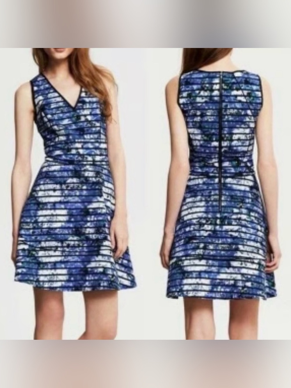 Banana Republic Blue & White Striped Floral Fit-and-Flare Dress
